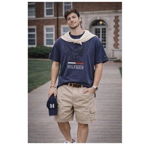 TOMMY HILFIGER Y2K Navy Blue Eagle Crest Graphic Tee Embroidered Logo Sz L  Prep